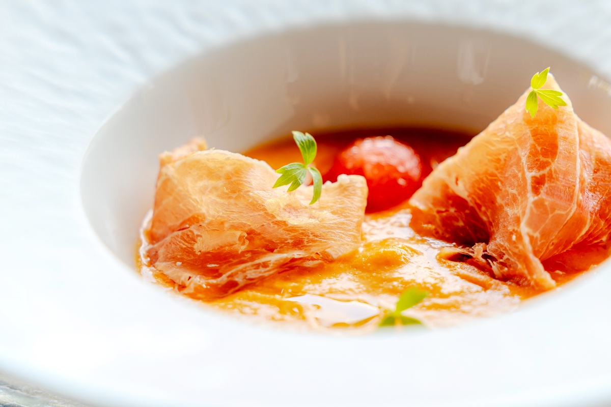 Chilled Tomato Soup with Prosciutto and Watermelon