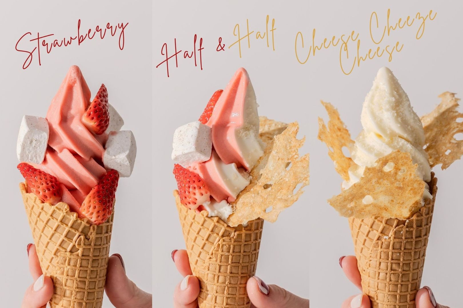 Juice&Sweetsの春メニュー。ストロベリーソフト、チーズソフトとそのミックスが登場