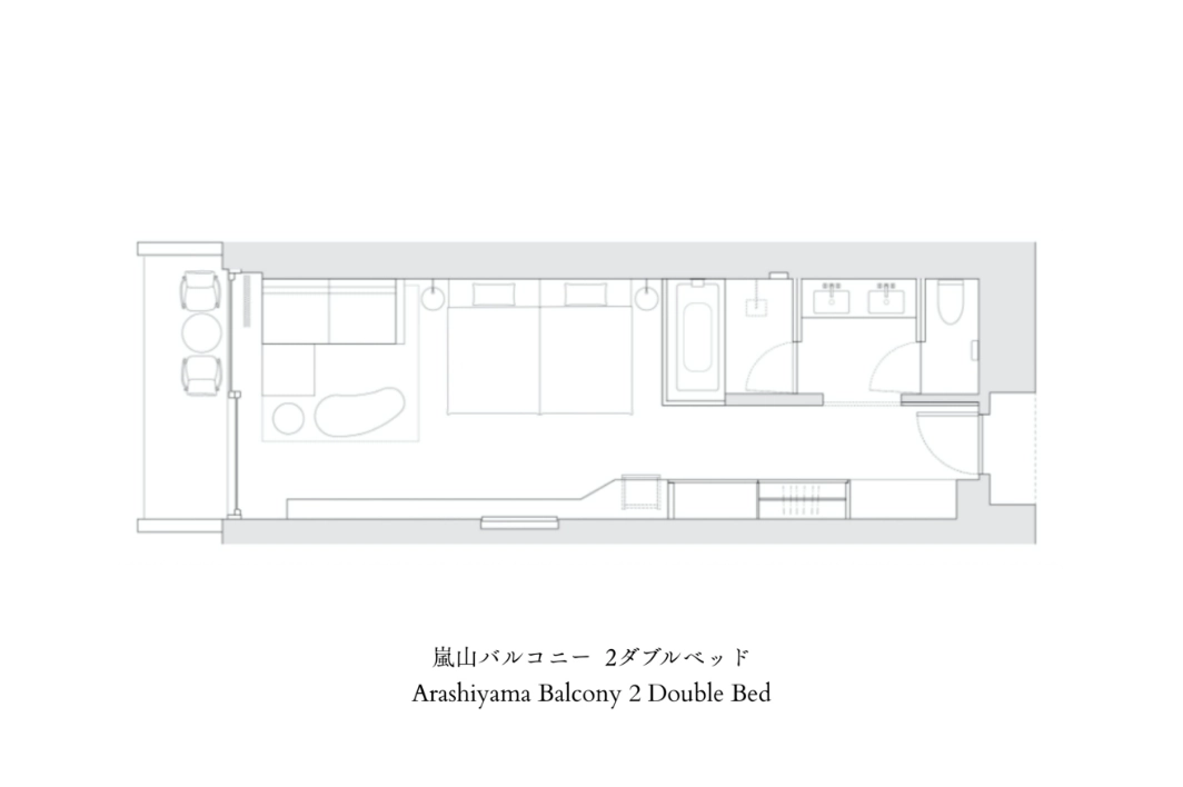 嵐山バルコニー客室の間取り図。バルコニー、ソファエリア、2ダブルベッド、バスルームの配置が分かるレイアウト図